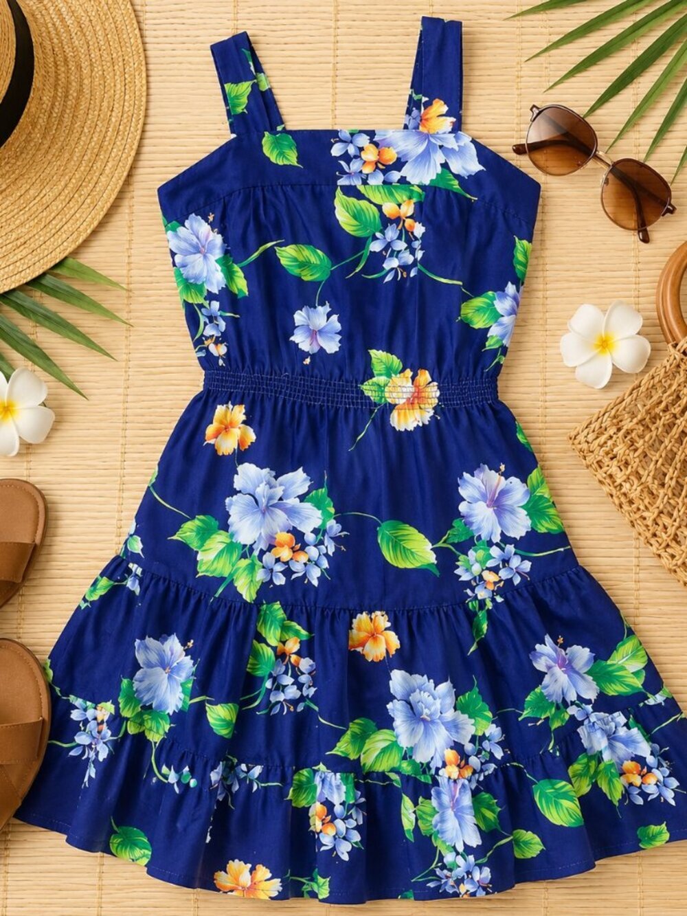 Vintage Sweetheart Hawaiian Floral Sundress Blue Tropical Midi Dress Women's M